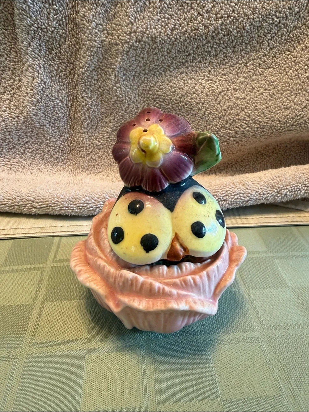 Vtg Japan Ladybug on Flower Ceramic Salt & Pepper Shakers 1950 Kitsch